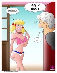 1boy 1girls 2024 archie_comics betty_and_veronica betty_cooper big_breasts blonde_hair breasts dialogue digital_media_(artwork) english_text female grey_hair hiram_lodge hotpants light-skinned_female light-skinned_male male millennial_makeovers moustache nipple_bulge nipples_visible_through_clothing older_male pokies speech_bubble thought_bubble twintails