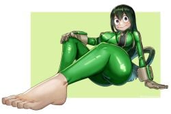 1girls 2023 artist_name ass barefoot big_ass big_breasts black_eyes bodysuit breasts busty calves clothed clothed_female clothes clothing curvaceous curvy eyelashes feet female foot_focus front_view full_body fully_clothed gloves green_background green_clothing green_hair hair handwear hero_outfit_(mha) hi_res hourglass_figure human large_ass large_breasts light-skinned_female light_skin long_hair looking_at_viewer my_hero_academia nipple_bulge nipples shibayamamohu signature simple_background sitting skin_tight soles solo thick_thighs thighs toes tsuyu_asui voluptuous wide_hips