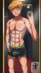 1boy 2022 abs adrien_agreste aqua_regia_arts artist_name blonde_hair box boxers_(clothing) boxers_only erect_nipples erect_penis erection_under_clothes green_eyes male male_only miraculous_ladybug mirror mirror_selfie muscular phone selfie short_hair six_pack skinny solo solo_male underwear underwear_only watermark young