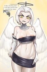 1boy 1girls 2024 absurdres adam_(hazbin_hotel) angel angel_wings annoyed bare_midriff big_breasts blush breasts dryvial english_text female female_focus gloves halo hazbin_hotel highres large_breasts light-skinned_female light_skin lute_(hazbin_hotel) male midriff miniskirt nipple_slip nipples prank revealing_clothes short_hair skimpy_clothes skirt text white_hair yellow_eyes