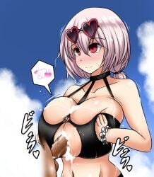 1boy 1girls alternate_costume anago_nia azur_lane bar_censor bikini blue_sky blush boob_window breasts censored cum cum_between_breasts cum_on_breasts dark-skinned_male dark_skin erect_penis erection eyebrows_visible_through_hair huge_breasts light-skinned_female light_skin nose_blush official_alternate_costume outdoors paizuri penis red_eyes royal_navy_(azur_lane) sirius_(azur_lane) sirius_(scorching-hot_seirios)_(azur_lane) sky smile spoken_hearts sunglasses sunglasses_on_head swimsuit wet wet_skin white_hair