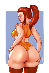 1girls 2d arteria ass ass_grab booty_shorts breasts brigitte brigitte_lindholm brown_hair bubble_butt dat_ass female_only freckles from_behind huge_ass medium_breasts overwatch ponytail shorts skindentation solo sports_bra tattoo thick_thighs thighhighs thighs