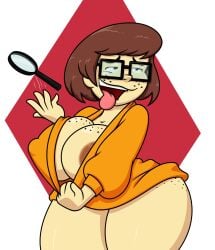 1girls big_breasts female female_focus female_only freckles freckles_on_ass freckles_on_breasts freckles_on_face glasses hanna-barbera huge_breasts light-skinned_female light_skin magnifying_glass no_bra open_mouth red_background scooby-doo scooby-doo_(series) sweater takeshi1000 thick_thighs velma_dinkley voluptuous voluptuous_female white_background wide_hips