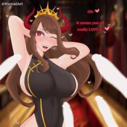 brown_hair demon_girl demon_horns demoness grand_summoners haxial horns horny juno_(grand_summoners) red_eyes