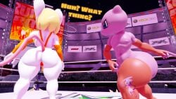 1boy 3d ashley_graham big_breasts boxing boxing_ring elbow_gloves female femboy furry kabalmystic_(style) mew mew_(pokemon) mmdestruction moushley pokemon resident_evil sling_bikini thick_thighs thigh_high_stockings