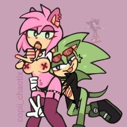 amy_rose big_breasts breasts copii_chaotix ear_piercing earrings eyewear_on_head female furry garter_straps gloves green_fur leather_jacket male multiple_boys navel_piercing pink_fur rosy_the_rascal_(archie) scar scourge_the_hedgehog sega shadow_the_hedgehog shoes sonic_(series) sonic_the_hedgehog_(archie) sunglasses sunglasses_on_head thighhighs thong tongue_out