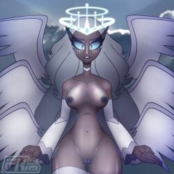 1girls angel angel_wings areolae big_breasts blue_eyes breasts dark-skinned_female dark_skin female female_only fkimnsfw freckles grey_hair hazbin_hotel lipstick long_hair navel_piercing nipples pussy sera_(hazbin_hotel) seraphim thick_thighs thighhighs thighs wide_hips wings