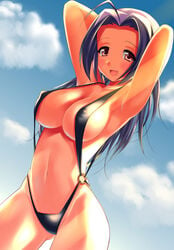 1girls aida_takanobu armpits arms_behind_head azusa_miura big_breasts bikini blue_hair breasts busty erect_nipples erect_nipples_under_clothes female female_only idolmaster large_breasts long_hair miura_azusa monokini navel open_mouth pose red_eyes sling_bikini smile solo swimsuit