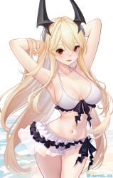 1girls armpits arms_behind_head bare_arms bare_chest bare_legs bare_midriff bare_shoulders bare_skin bare_thighs belly belly_button bikini black_frill black_horn black_horns blonde_female blonde_hair blonde_hair blonde_hair_female blush breasts breasts character_request cleavage collarbone copyright_request dot_nose elbows female female_focus female_only frilled_bikini frilled_bikini_bottom hair_between_eyes hands_behind_head high_resolution highres horns hourglass_figure jurrig legs light-skinned_female light_skin lips long_hair looking_at_viewer medium_breasts navel open_mouth red_eyes red_eyes_female shoulders sideboob simple_background slender_body slender_waist slim_girl slim_waist solo standing straight_hair swimsuit swimwear thighs thin_waist upper_body very_long_hair white_background white_bikini white_bikini_bottom white_bikini_top white_frill white_frills white_swimsuit white_swimwear