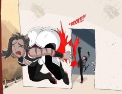 1girls 2boys adam_taurus attack bubble_butt door kick kicking meme omnipotrent open_door pain pained_expression rooster_teeth rwby sienna_khan white_fang_(rwby)