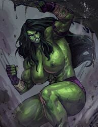 1girls big_breasts breasts female female_only fingerless_gloves giant_breasts gloves green-skinned_female green_body green_eyes green_hair green_skin huge_breasts hulk_(series) long_hair marvel marvel_comics muscles muscular muscular_female she-hulk solo thick_thighs topless virgoart1509