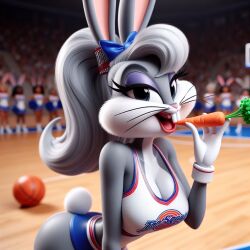 after_transformation ai_generated basketball_court basketball_uniform bedroom_eyes big_breasts bimbofication bimbofied bugs_bunny carrot cheerleader looney_tunes mtf_transformation ponytail rule_63 seductive_smile space_jam