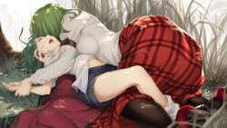 2girls ass ass_focus dress female_only green_hair kissing leggings pinned pinned_down touhou wriggle_nightbug yuka_kazami yuri