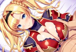 1boy 1girls ai_generated armor blonde_hair blue_eyes cleavage female grabbing_another's_breast granblue_fantasy large_breasts lying lying_on_back nai_diffusion on_back paizuri paizuri_under_clothes penis straddling straddling_paizuri zeta_(granblue_fantasy)