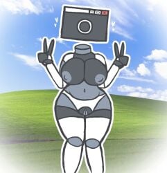 android aplovestudio big_breasts dark_skin epsilon_(windowkill) nude object_head peace_sign robot robot_girl thick_thighs windowkill windows_xp