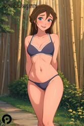 ai_generated arms_behind_back bikini blue_eyes blush breasts brown_hair cleavage collarbone disney female forest hair_between_eyes jane_porter long_hair looking_at_viewer medium_breasts nature navel open_mouth outdoors panties pikkiwynn smile solo swimsuit tarzan_(1999_film) underwear