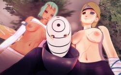 1boy 2girls bare_belly bare_shoulders belly big_breasts boruto:_naruto_next_generations breasts breasts_out clothes_lift dark-skinned_female detached_sleeves edo_tensei exposed_breasts exposed_midriff female fuu_(naruto) kunoichi light-skinned_female looking_down male masked_madara medium_breasts midriff multiple_girls naruto naruto:_the_last naruto_(classic) naruto_(series) naruto_shippuden navel nii_yugito nipples pets reanimated reanimation skinny tank_top_lift tight_clothing topless topless_female tusken77 uchiha_obito