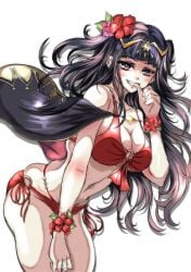 1girls alternate_costume bangs bare_thighs bent_over bikini biting_finger black_hair breasts capelet cleavage female female_only fire_emblem fire_emblem_awakening fire_emblem_heroes grin large_breasts long_hair looking_at_viewer nintendo o-ring official_alternate_costume pink_eyes red_bikini red_swimsuit skindentation smile solo swimsuit tharja_(fire_emblem) tharja_(summer)_(fire_emblem) thighs underboob violet_migu18 white_background