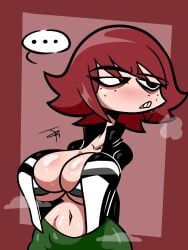 ... 1girls big_breasts black_eyes bra female freckles freckles_on_face fujiweeb kim_pine partially_clothed red_hair scott_pilgrim short_hair solo solo_female sweat