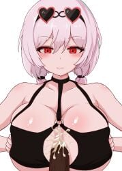 1boy 1girls alternate_costume azur_lane bikini_top blush breasts cleavage cum cum_between_breasts cum_on_breasts dark-skinned_male dark_skin eyebrows_visible_through_hair huge_breasts land_wharf light-skinned_female light_skin male_pov official_alternate_costume paizuri penis pov red_eyes royal_navy_(azur_lane) simple_background sirius_(azur_lane) sirius_(scorching-hot_seirios)_(azur_lane) sunglasses sunglasses_on_head swimsuit white_background white_hair