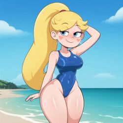 1girls ai_generated beach blonde_hair blue_eyes blue_swimsuit breasts cats62 cleavage disney eyebrows_visible_through_hair female female_only long_hair one-piece_swimsuit outside ponytail smile solo star_butterfly star_vs_the_forces_of_evil swimsuit thick_thighs thighs