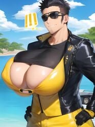 1boy ai_generated big_breasts black_hair breasts_bigger_than_head busty busty_boy cleavage_window gigantic_breasts huge_breasts male male_breasts male_only male_tits male_with_breasts solo solo_male weirdsexyai