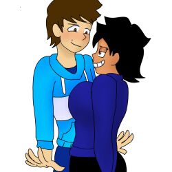 2023 arms_behind_back artist_self-insert black_hair black_pants blue_coat blue_panties blue_sweater breast_on_chest brown_eyes brown_hair brown_skin clothed deminsfw fanart ian ian_forts leggings looking_into_eyes oc original_character rule_63 smiling spiky_hair the_legendary