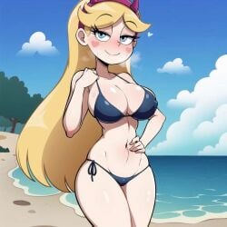 1girls ai_generated beach bikini blonde_hair blue_eyes breasts cats62 cleavage disney eyebrows_visible_through_hair female female_only heart long_hair looking_at_viewer navel outside smile solo star_butterfly star_vs_the_forces_of_evil swimsuit thick_thighs