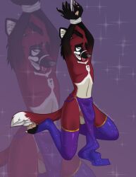 1boy anthro arms_up bondage furry furry_only knee_socks kneeling loincloth loincloth_lift maned_wolf muzzle_(object) muzzled raenbowcat slender_body slender_waist tail tall tied_up wolf