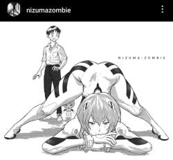 1boy 1boy1girl 1girls ass ass_up bending_forward bending_over bent_forward bent_over big_ass black_and_white embarrassed embarrassed_female female jack-o_pose leaning_forward male neon_genesis_evangelion nizumazombie plugsuit rei_ayanami rei_chikita shinji_ikari short_hair slim_waist teenager thick_thighs wide_hips