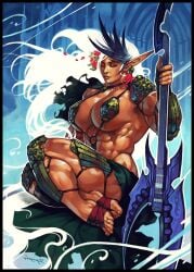 1girls abs big_breasts breasts eyeshadow feet female female_only janrock lips lipstick long_hair muscles muscular muscular_female perky_breasts pointy_ears skimpy skimpy_armor solo_female tan-skinned_female tan_skin thick_thighs thighs toes white_hair