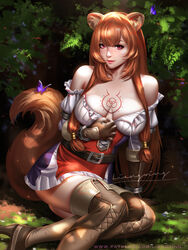 brown_hair cleavage liang_xing looking_at_viewer no_bra raphtalia red_eyes seductive slave slave_crest soft_breasts tail tate_no_yuusha_no_nariagari