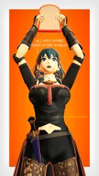 1girls 3d alonso_nsr arms_up blue_eyes breasts byleth_(fire_emblem) byleth_(fire_emblem)_(female) english_text female female_only fire_emblem fire_emblem:_three_houses food holding knife large_breasts leggings medium_hair nintendo open_mouth orange_background pantyhose shorts simple_background smile solo standing teal_hair text thighs toast