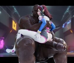 1boy 1girls 3d blender cfnm d.va dark-skinned_male dark_skin gildagriffon hana_song hand_on_butt huge_balls huge_cock interracial kissing looking_at_viewer overwatch overwatch_2 saggy_balls size_difference straddling