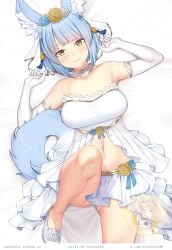 1girls absurdres alternate_costume alternate_hair_color animal_ear_fluff animal_ears ass_visible_through_thighs belly_button blue_hair collar commission dress elbow_gloves female female_only fire_emblem fire_emblem_fates flats flower fox_ears fox_girl fox_tail gloves hair_flower hair_ornament highres kitsune light_blush looking_at_viewer lying midriff nabunabu navel nintendo on_back selkie_(fire_emblem) short_hair solo tail wedding_dress white_background yellow_eyes