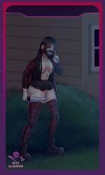 black_hair breasts card card_game clothed combat_boots ear_piercing face_mask goth goth_girl hoodie horror knife mask masked masked_female rakunart red_streak sexy_slashers slasher sneaky stockings zoey_the_intruder