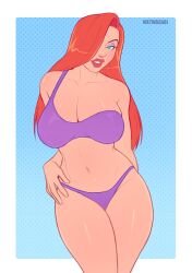 2023 big_breasts blue_background bra breasts cleavage disney female female_focus female_only green_eyes hair_over_one_eye jessica_rabbit long_hair orange_hair panties pink_lips pink_lipstick purple_eyeshadow purple_underwear thick_thighs thighs wetwasabi white_border who_framed_roger_rabbit wide_hips