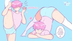 1boy 1femboy adrian_(boyfriends) ass blue_background blue_eyes boyfriends_(webtoon) bulge bulge_through_clothing face_down_ass_up femboy jack-o'_pose jack-o_pose legs legs_apart legs_spread male male_only one_leg_up penis_under_clothes pink_hair refrainbow short_hair shorts simple_background solo stretching t-shirt text text_bubble thick_thighs yawn