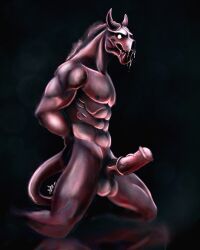 animal_genitalia animal_penis balls big_balls big_penis blood bodily_fluids demon demon_eyes equid equine equine_genitalia equine_penis genitals hi_res horn horse humanoid inklooser kneeling male mammal muscular muscular_male nipples original_character painting_(artwork) penis saliva solo solo_focus tail traditional_media_(artwork) vein veiny_penis