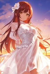 ai_generated amber_eyes balls balls_in_panties bangs big_penis blush breasts brown_hair bulge dickgirl doseogwan dress erect_penis erection erection_under_clothes field flower_field flowers full_body futa_only futanari hair_flower hair_ornament idolmaster idolmaster_shiny_colors lifting_dress long_hair long_penis long_sleeves looking_at_viewer osaki_amana outdoors outside panties penis penis_under_clothes penis_under_dress sandals see-through see-through_clothing smile solo solo_futa standing sunset tenting thick_penis underwear wedding_dress white_dress white_panties