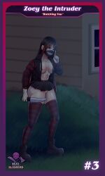 black_hair breasts card card_game clothed combat_boots ear_piercing face_mask goth goth_girl hoodie horror knife mask masked masked_female rakunart red_streak sexy_slashers slasher sneaky stockings zoey_the_intruder