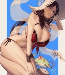 1girls 50x48x48 bikini bikini_bottom bikini_top black_hair bleach bleach_brave_souls blue_eyes blue_flower bracelet breasts busty cleavage coconut female flower gilf hat highres jewelry large_breasts legwear_garter long_hair looking_at_viewer mature mature_female milf minazuki_(bleach) navel oppai revealing_swimsuit simple_background sitting smile straw_hat sun_hat swimsuit unohana_retsu very_long_hair voluptuous voluptuous_female wet zanpakutou_spirit