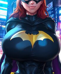 1girl 1girls ai_generated barbara_gordon batgirl big_breasts breast_focus cape cattlec city close-up clothed covered_breasts dc dc_comics ginger_hair huge_breasts massive_breasts pink_lips red_hair smile solo solo_female solo_focus thin_waist