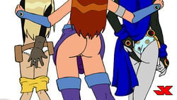 3girls ass belt blonde_hair boots clothing dc_comics female flashing footwear gloves handwear human jk koriand'r no_panties panties pouch pussy rachel_roth raven_(dc) shorts_pull skirt_lift starfire straight_hair tara_markov teen_titans terra terra_(dc)