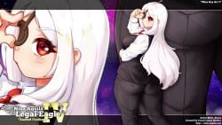 2023 ass bbw blush breasts business_suit chubby chubby_female close_up eyepatch large_breasts logo long_hair looking_at_viewer looking_back mirin_sauce nina_aquila nina_aquila_legal_eagle official_art red_eyes star suit tanuki-sama_studios thick_thighs thighs tie white_hair