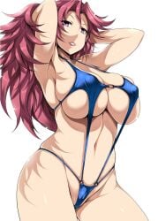 adjusting_hair arms_behind_head gundam gundam_build_divers huge_breasts looking_at_viewer neneka_corps nipple_bulge nipples_visible_through_clothing rose_(gundam_build_divers) sling_bikini sling_swimsuit slingshot_swimsuit tsukasawa_takamatsu white_background