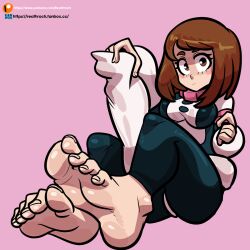 1girls 2d absurd_res barefoot blush bob_cut boots brown_eyes brown_hair clothed feet female_focus female_only foot_fetish foot_focus footwear hero_outfit_(mha) hi_res light-skinned_female light_skin medium_breasts my_hero_academia ochako_uraraka pink_clothing reathroch rosy_cheeks shoes_removed short_hair simple_background soles solo solo_female solo_focus superhero_costume superheroine toes watermark