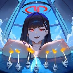 6164 ai_generated bath bathroom black_hair blue_archive breasts cutesexyrobutts_(style) explosion giantess gigantic_breasts halo huge_breasts laughing macro millennium_science_school_student nai_diffusion nipples red_eyes rio_(blue_archive) seminar_(blue_archive) ship