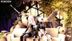 1boy 2girls 3d blindfold breasts clothed clothing couch female giantess hairband light-skinned_female light-skinned_male light_skin long_hair male micro mini_giantess nier nier:_automata roboew short_hair shrunk shrunken_male sitting size_difference smaller_male white_hair yorha_2b yorha_9s yorha_a2