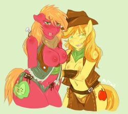 anthro anthrofied big_macintosh_(mlp) blonde_hair blush braeburn_(mlp) breasts clothing cutie_mark equine female friendship_is_magic green_eyes hair hat horse long_hair looking_at_viewer mammal mlpfwb my_little_pony nipples open_mouth pony rule_63 smile yoke